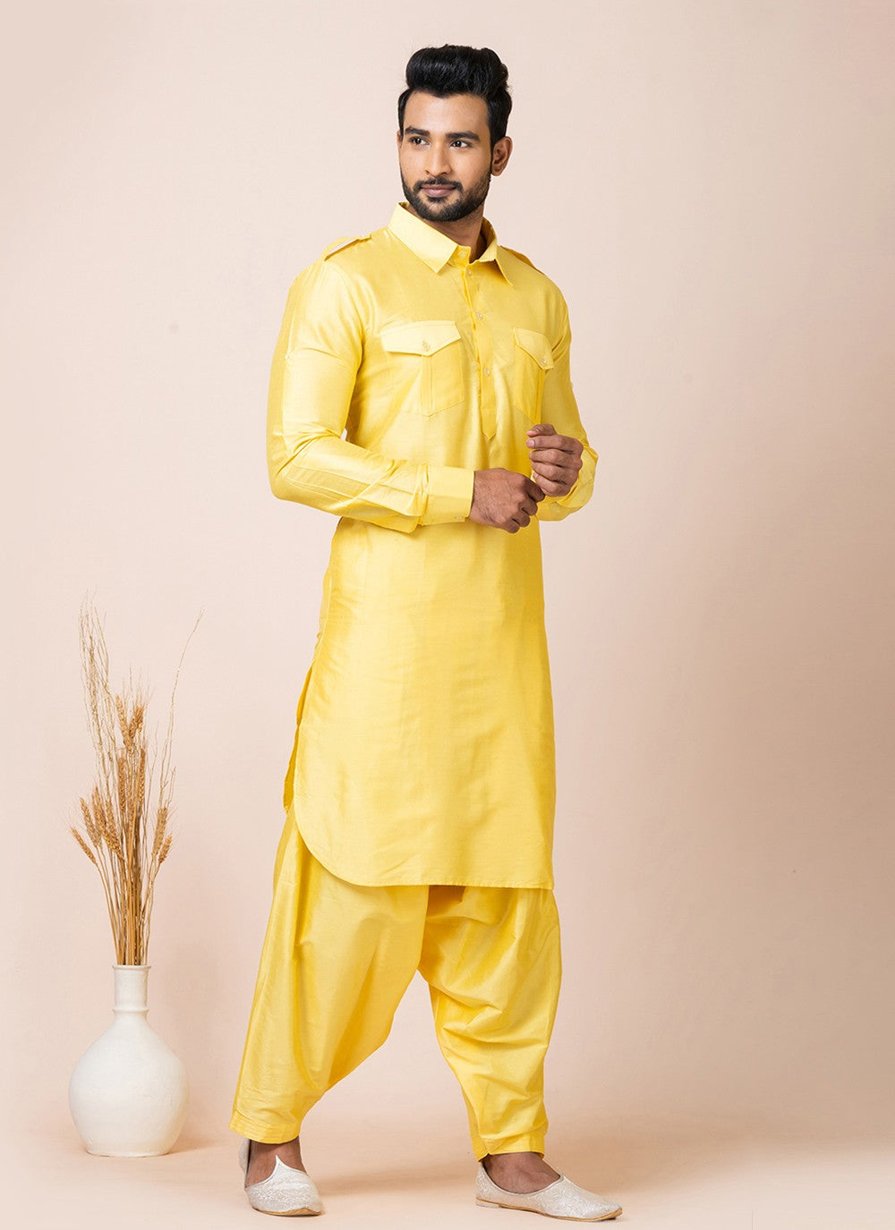 Plain Viscose Yellow Kurta Pyjama - M7473