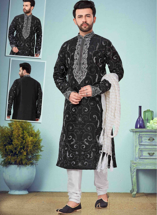 Printed Art Dupion Silk Black Kurta Pyjama - M1628