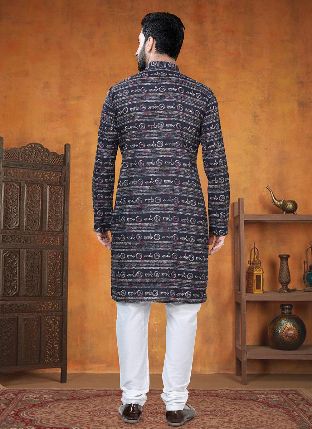 Printed Cotton Black Kurta Pyjama - M8792