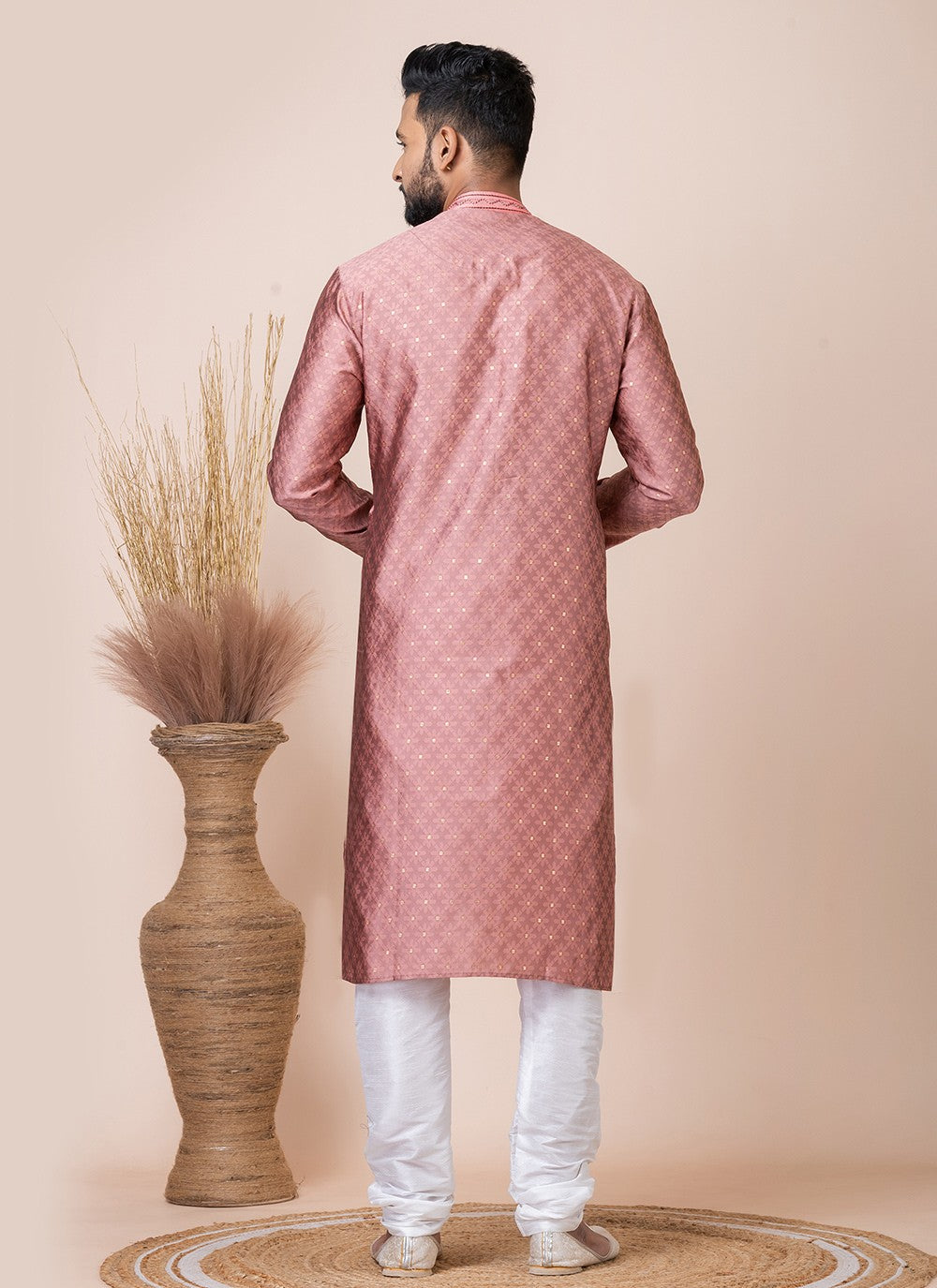 Printed Jacquard Silk Peach Kurta Pyjama - M8553