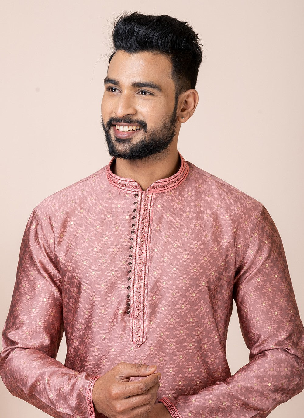 Printed Jacquard Silk Peach Kurta Pyjama - M8553