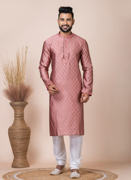 Printed Jacquard Silk Peach Kurta Pyjama - M8553