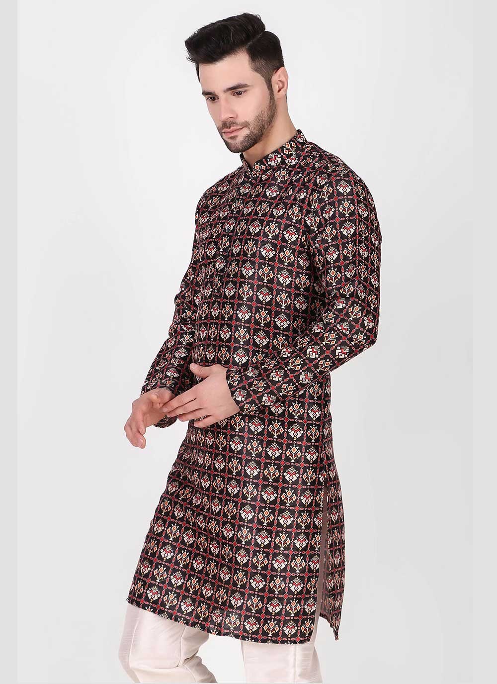 Printed Art Silk Black Kurta Pyjama - M4757