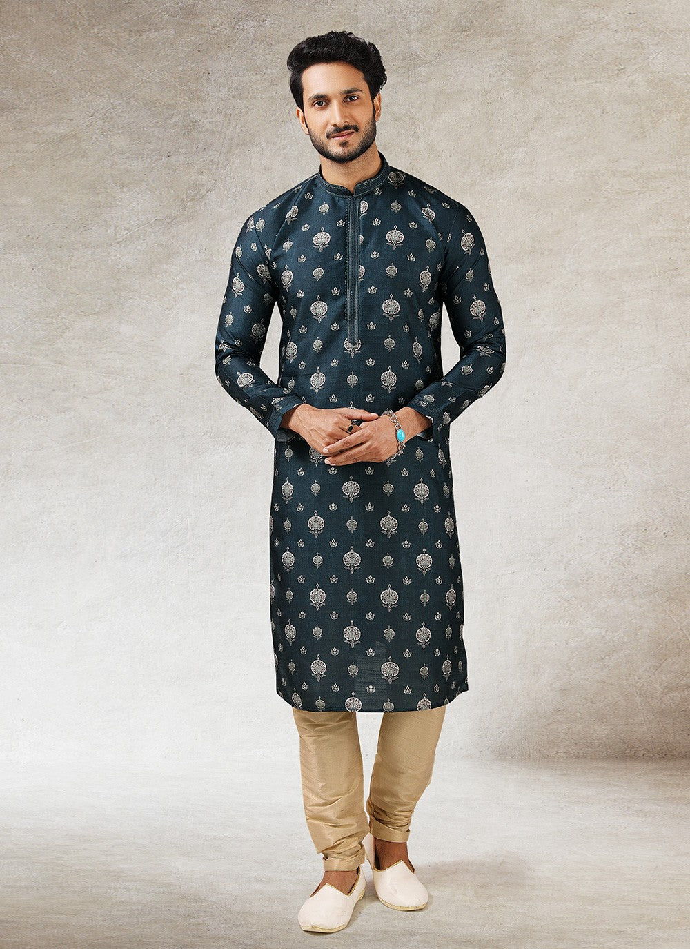 Printed Art Silk Blue Kurta Pyjama - M2868