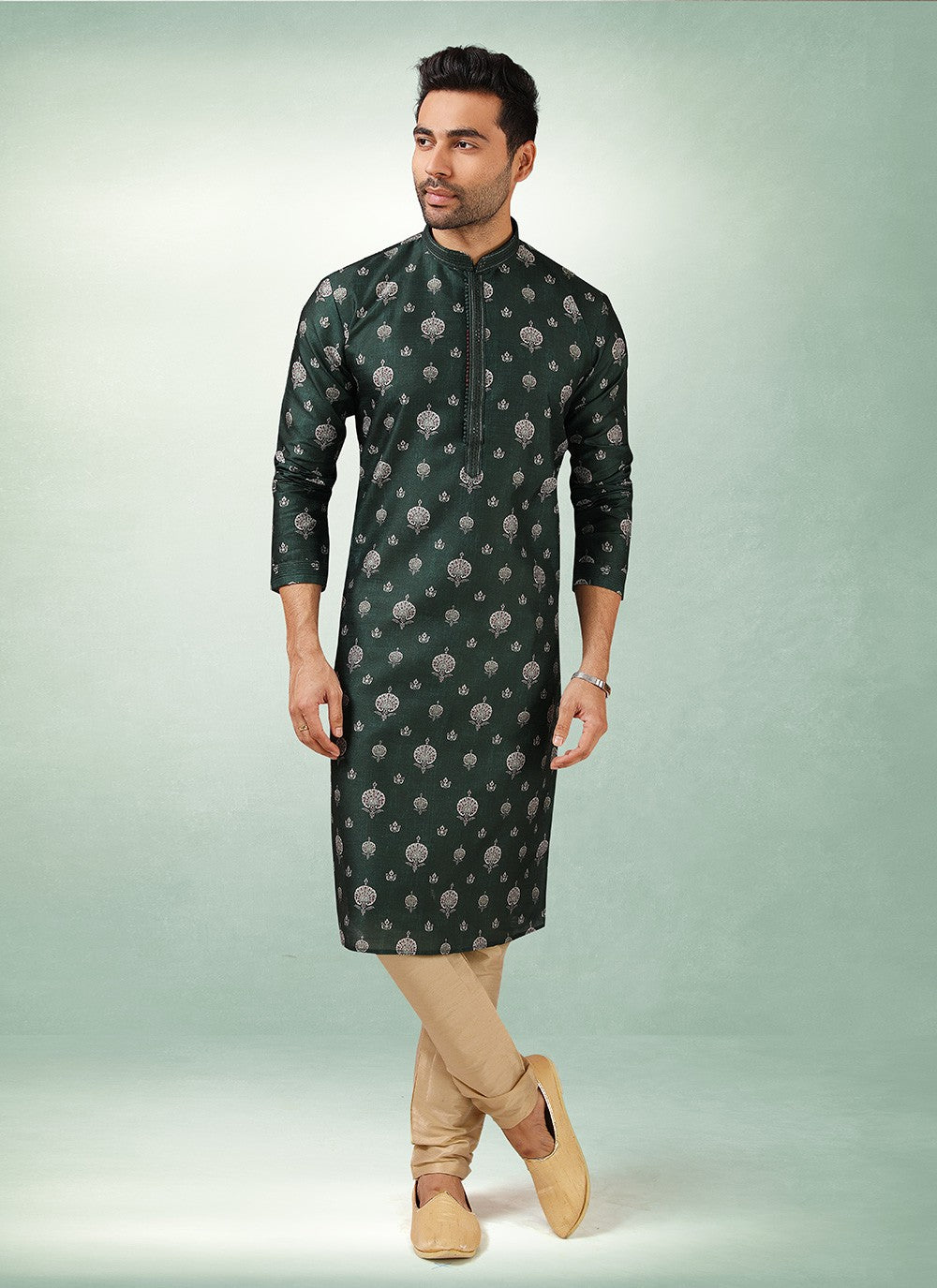 Printed Art Silk Green Kurta Pyjama - M2870