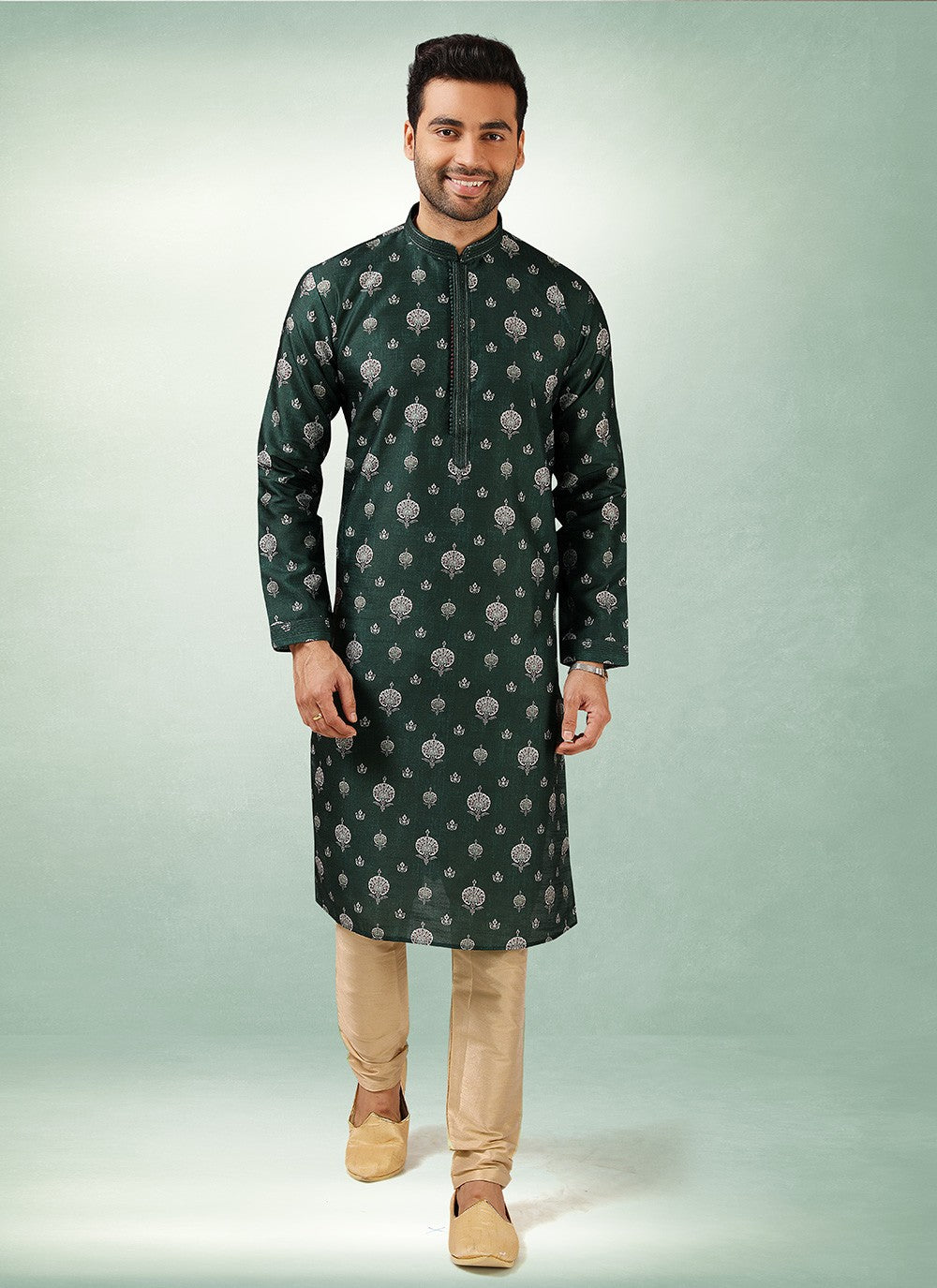 Printed Art Silk Green Kurta Pyjama - M2870