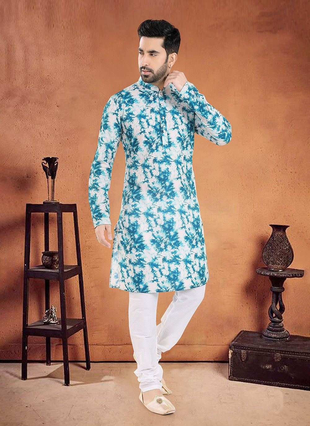 Patch Cotton Aqua Blue Kurta Pyjama - M8091