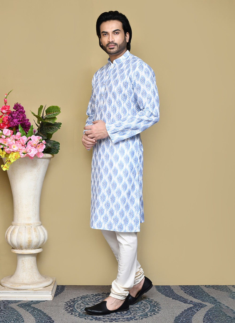 Printed Cotton Blue Kurta Pyjama - M7824