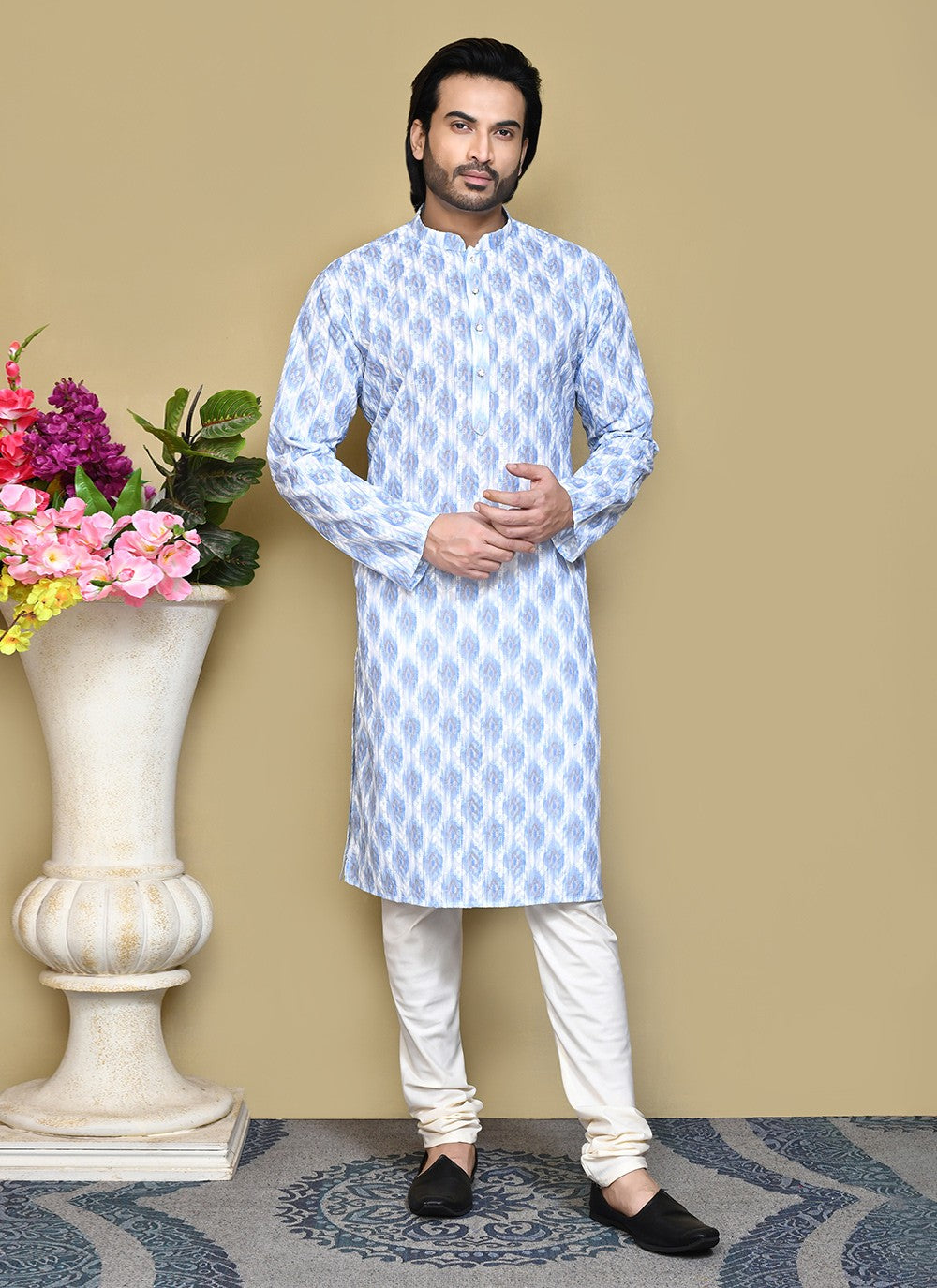 Printed Cotton Blue Kurta Pyjama - M7824