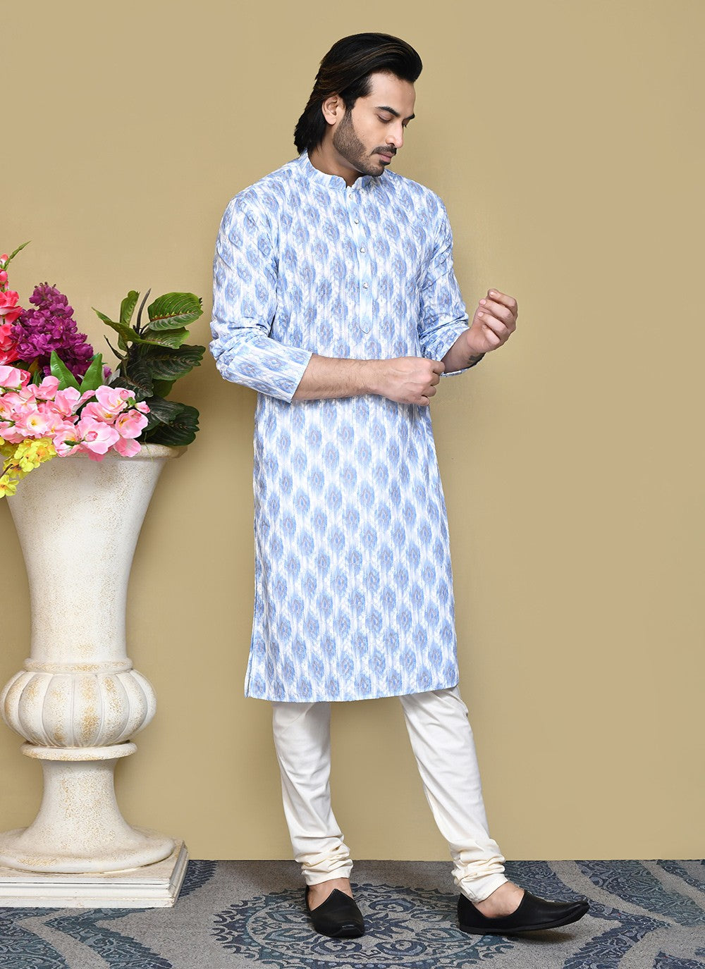 Printed Cotton Blue Kurta Pyjama - M7824