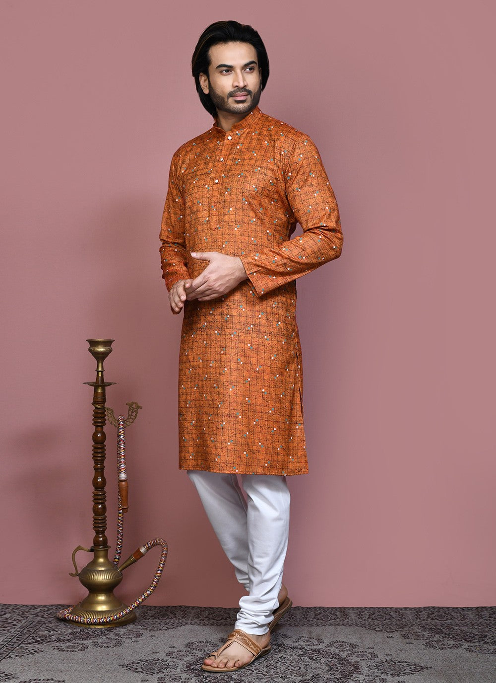 Printed Cotton Brown Kurta Pyjama - M7923