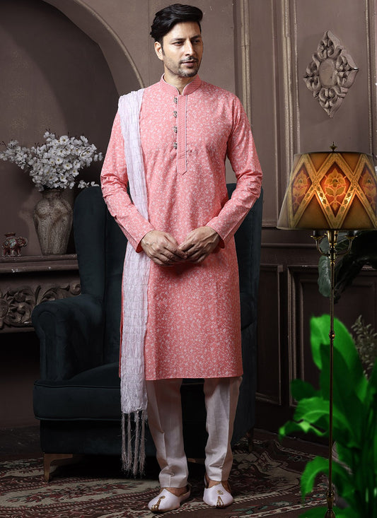 Printed Cotton Pink Kurta Pyjama - M3601