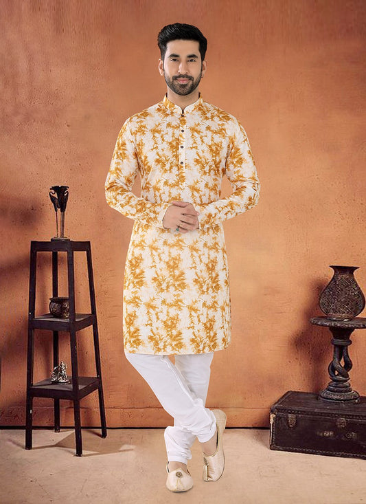 Printed Cotton Yellow Kurta Pyjama - M8089