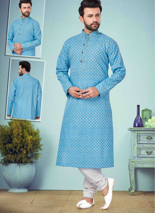 Printed Cotton Silk Blue Kurta Pyjama - M1624