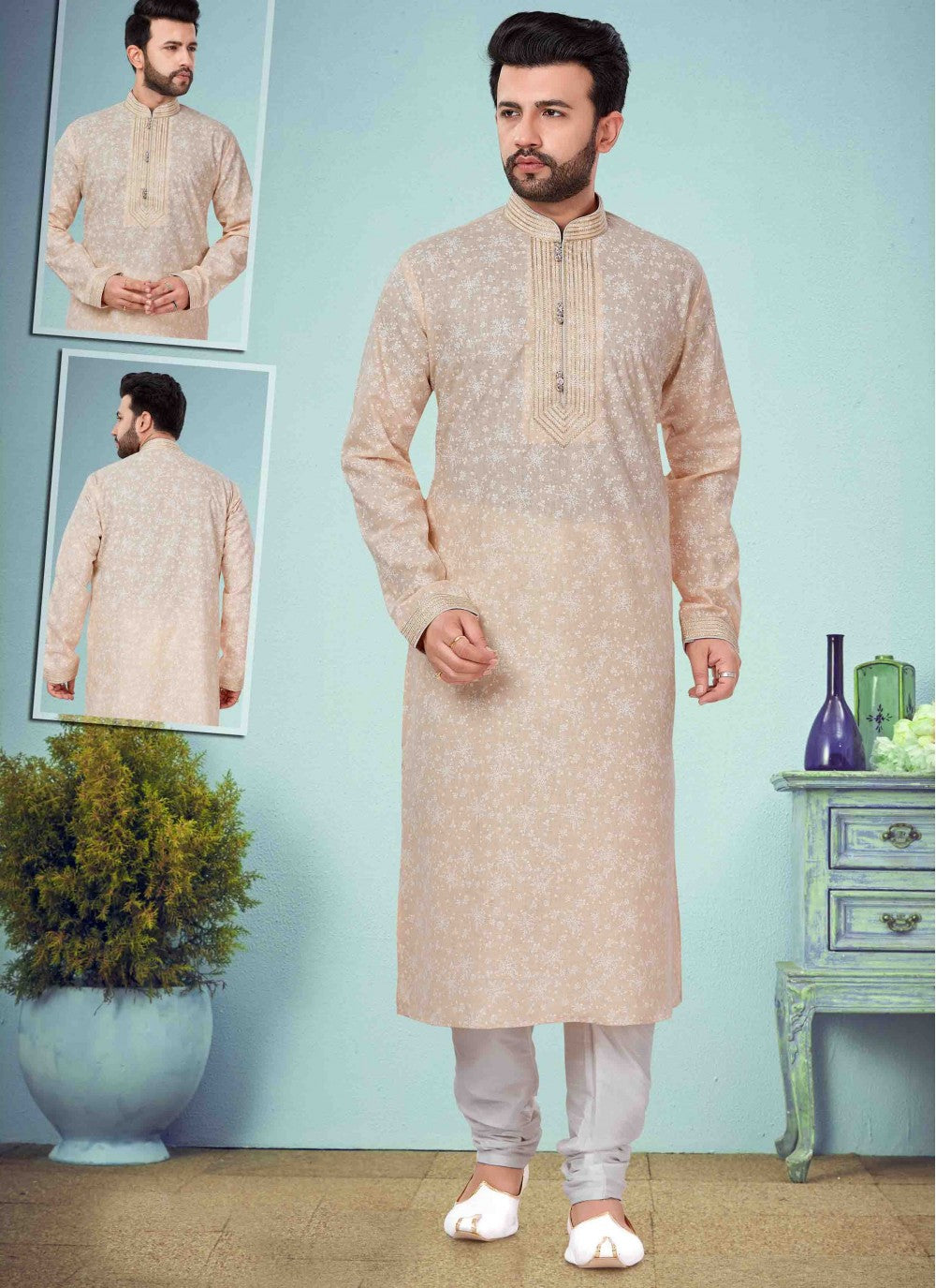 Printed Cotton Silk Cream Kurta Pyjama - M1637