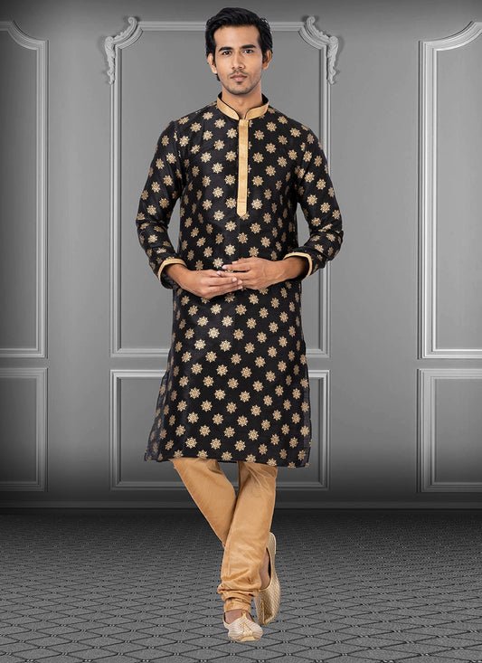 Printed Dupion Silk Black Kurta Pyjama - M3712