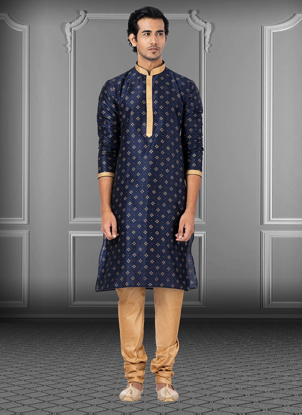 Printed Dupion Silk Navy Blue Kurta Pyjama - M3713