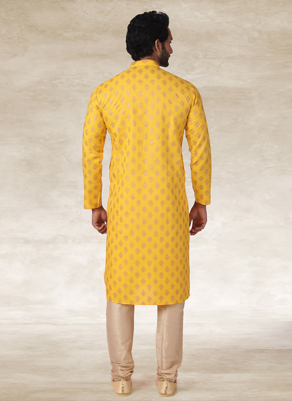 Printed Handloom Cotton Yellow Kurta Pyjama - M2687