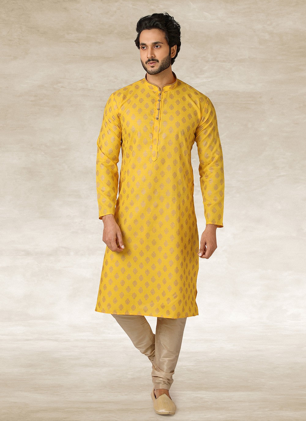 Printed Handloom Cotton Yellow Kurta Pyjama - M2687