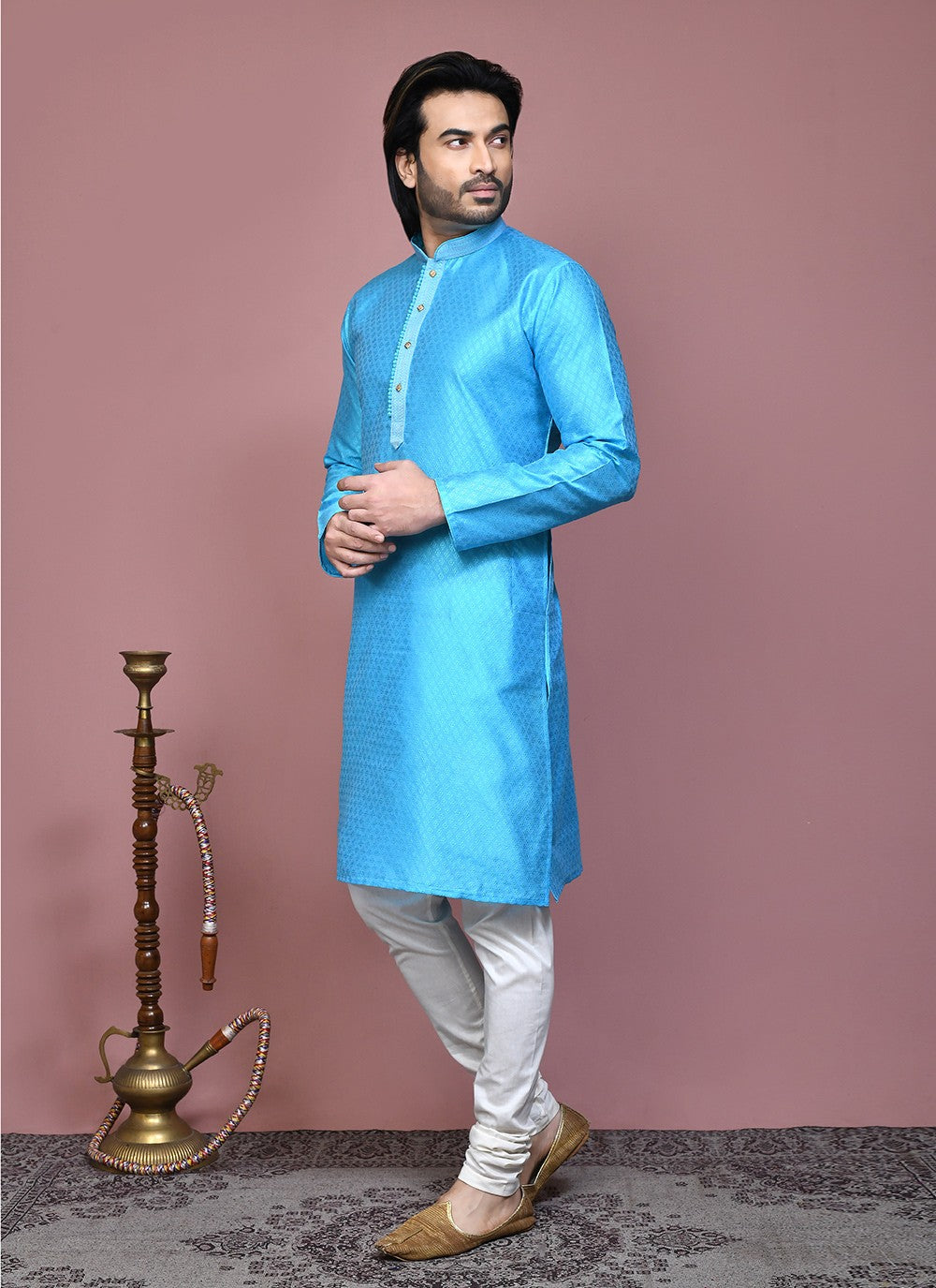 Resham Art Silk Firozi Kurta Pyjama - M7868