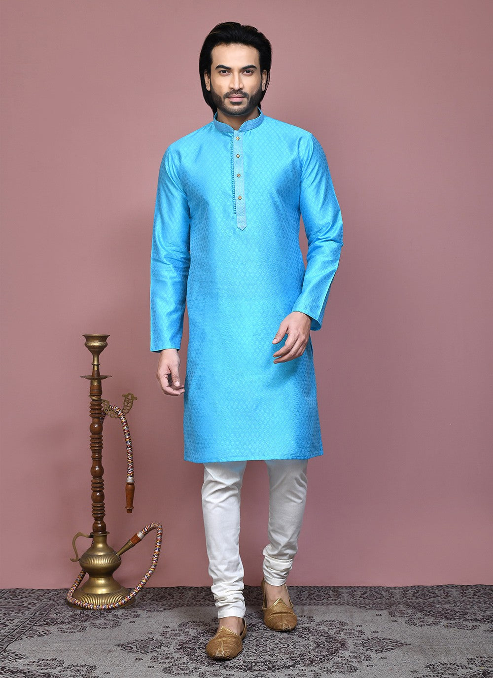 Resham Art Silk Firozi Kurta Pyjama - M7868