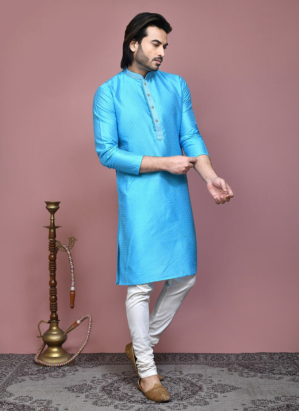 Resham Art Silk Firozi Kurta Pyjama - M7868