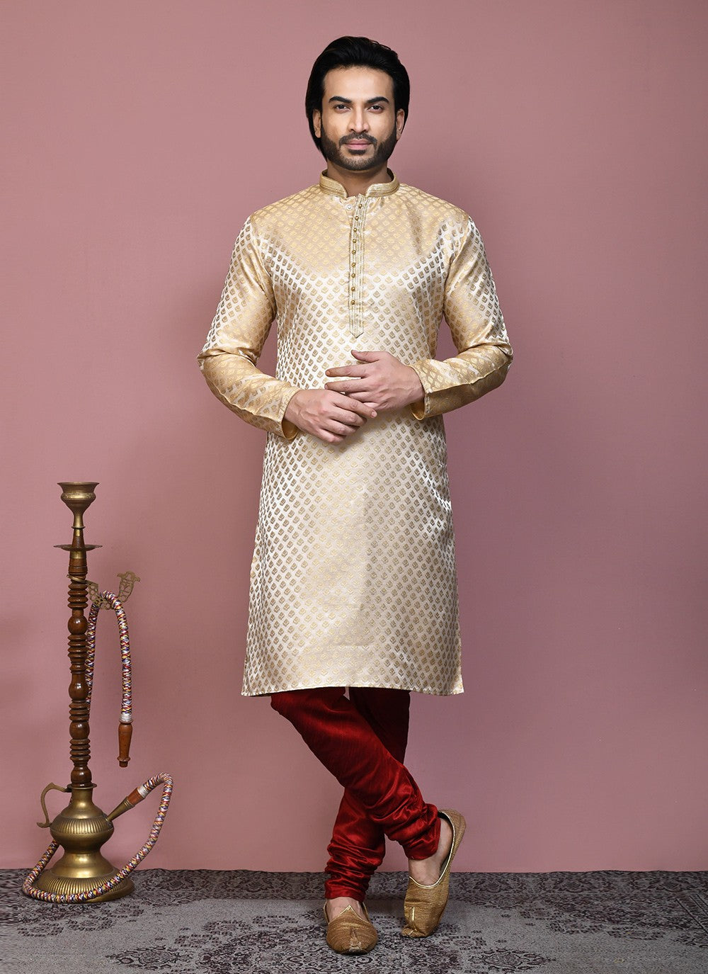 Resham Art Silk Gold Kurta Pyjama - M7900