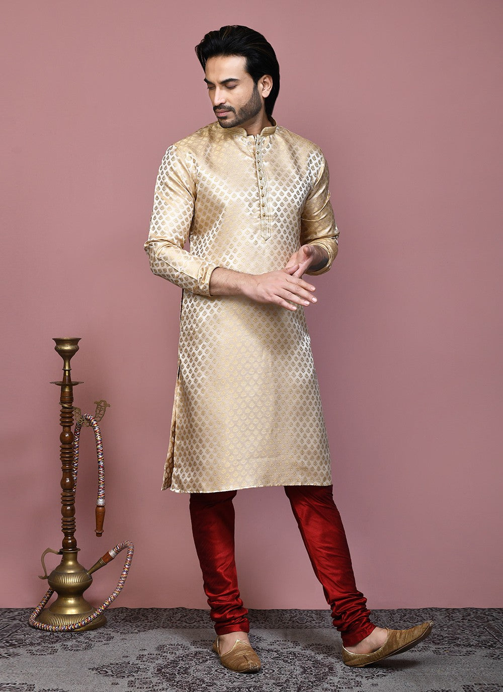 Resham Art Silk Gold Kurta Pyjama - M7900