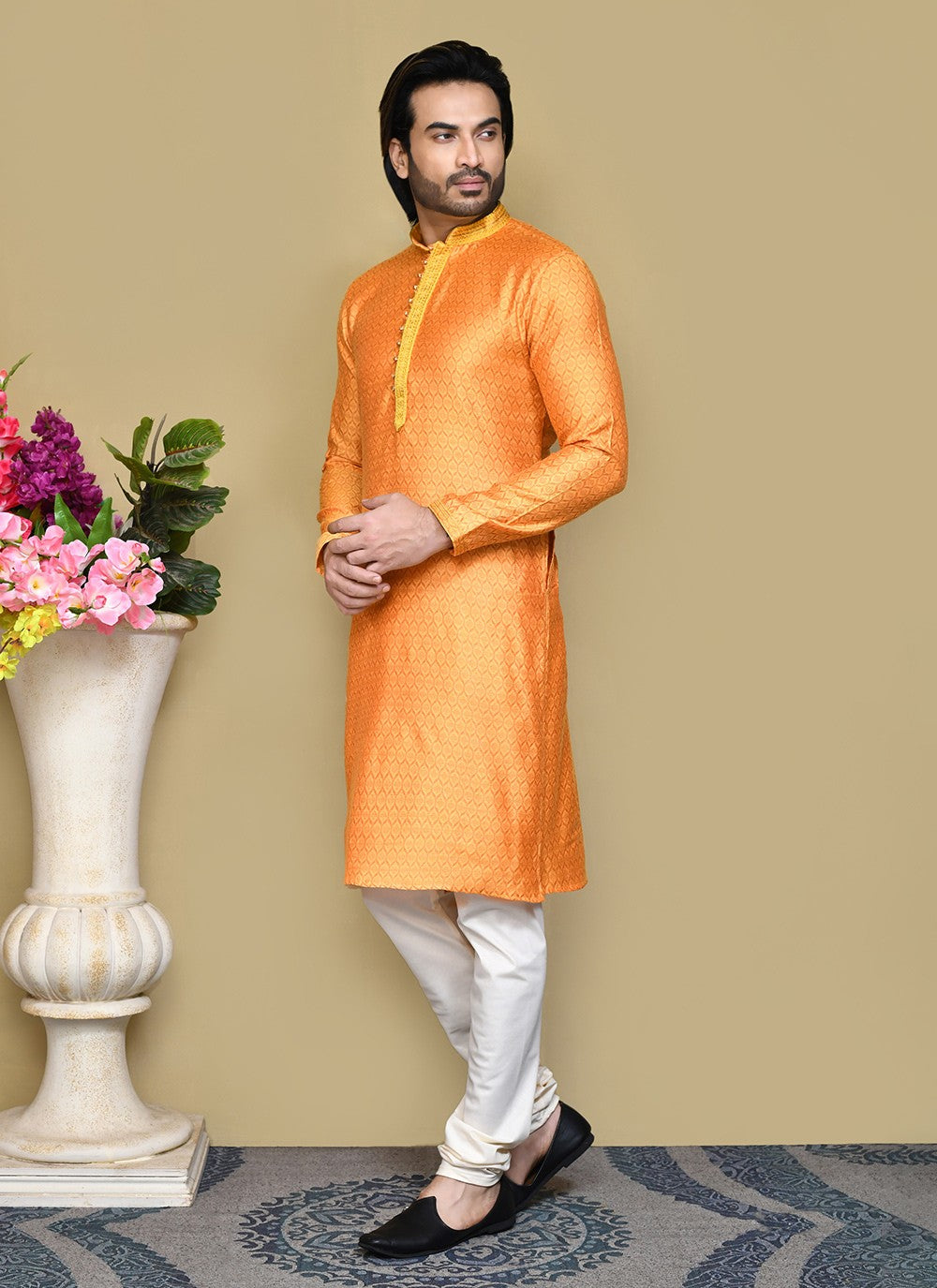 Resham Cotton Silk Orange Kurta Pyjama - M7825