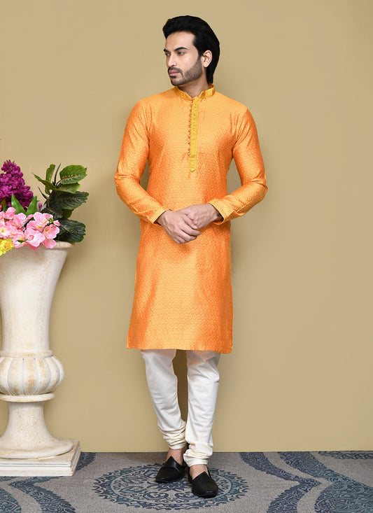 Resham Cotton Silk Orange Kurta Pyjama - M7825