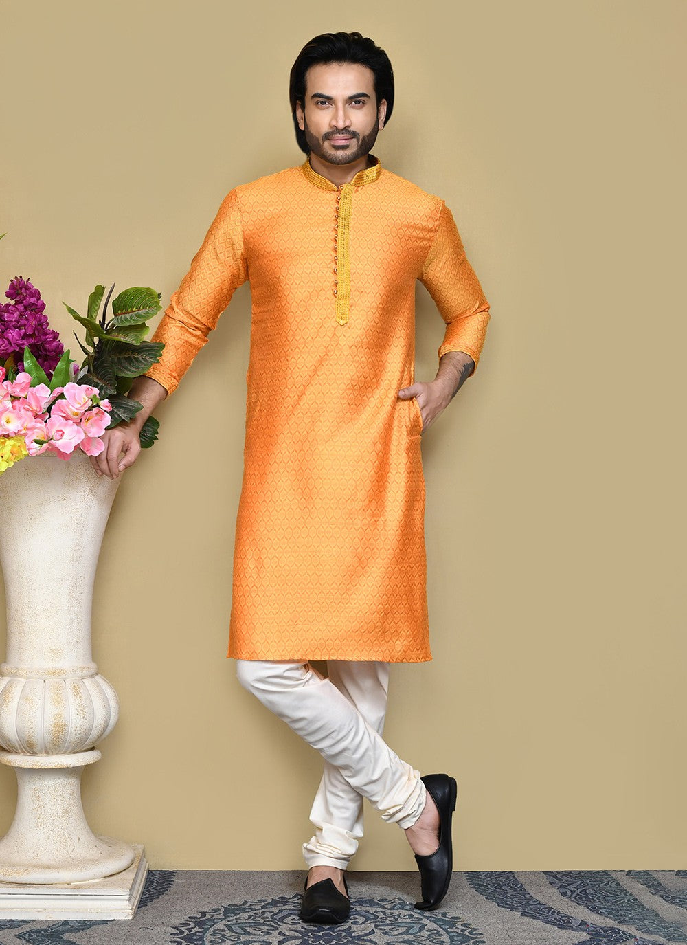 Resham Cotton Silk Orange Kurta Pyjama - M7825