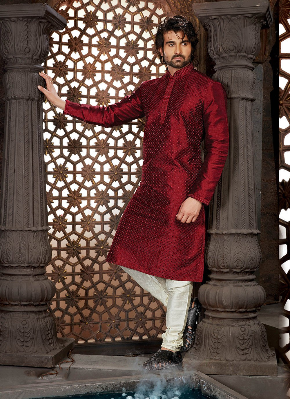 Resham Dupion Silk Maroon Kurta Pyjama - M2118