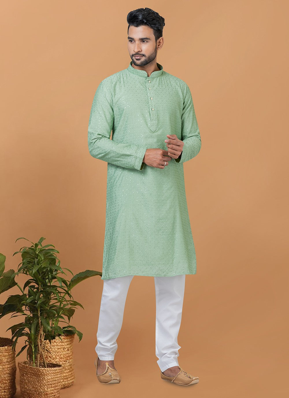 Embroidered Cotton , Viscose Green Kurta Pyjama - M6254