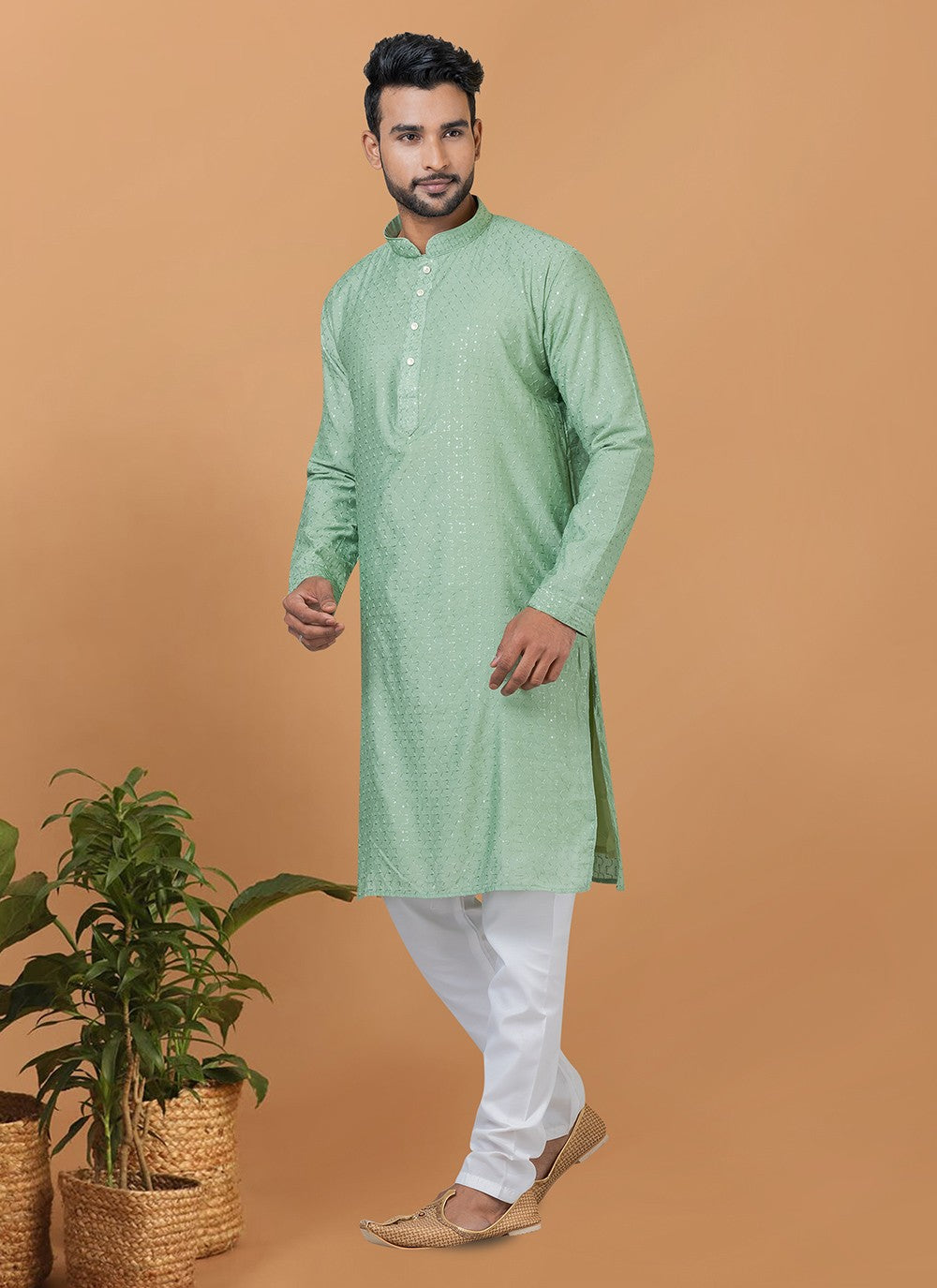 Embroidered Cotton , Viscose Green Kurta Pyjama - M6254