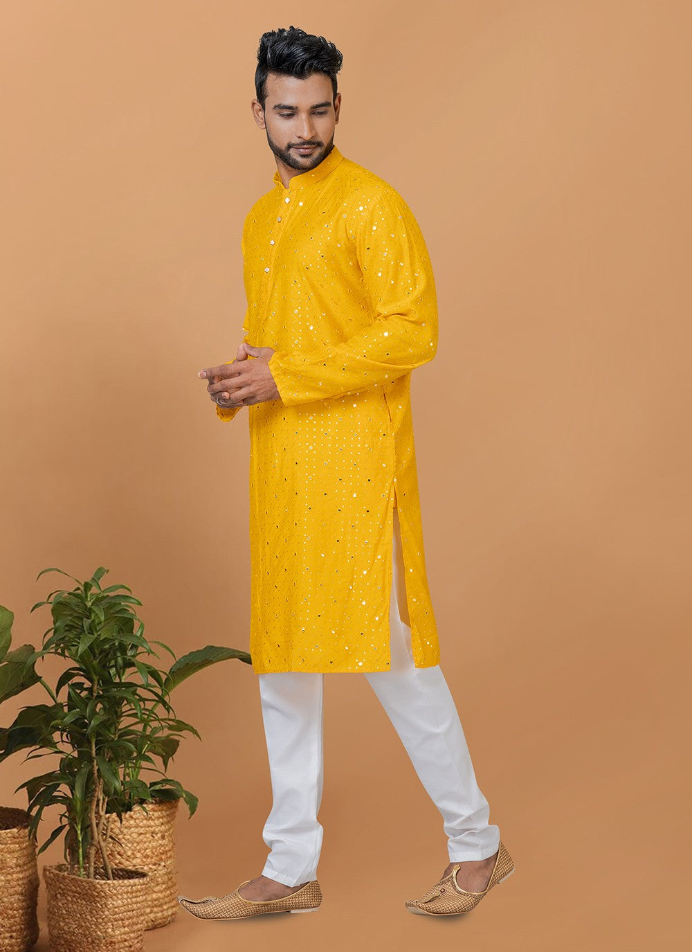 Embroidered Cotton , Viscose Yellow Kurta Pyjama - M6241