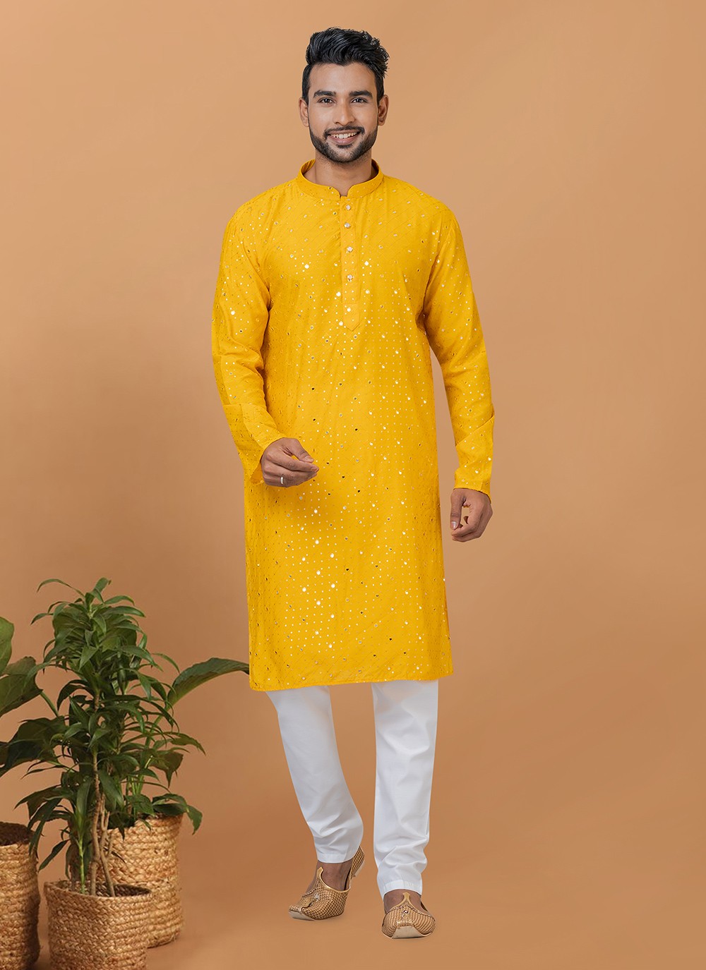 Embroidered Cotton , Viscose Yellow Kurta Pyjama - M6241