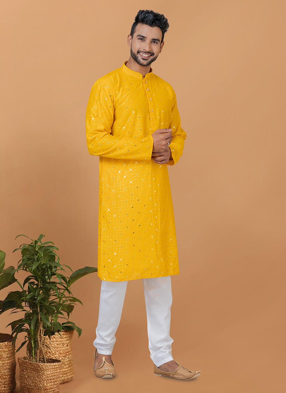 Embroidered Cotton , Viscose Yellow Kurta Pyjama - M6241