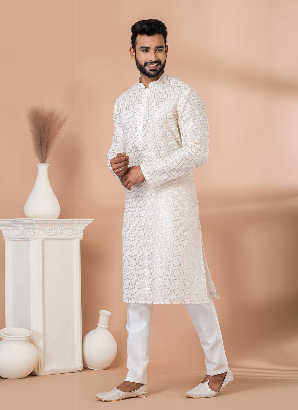 Embroidered Georgette White Kurta Pyjama - M6832