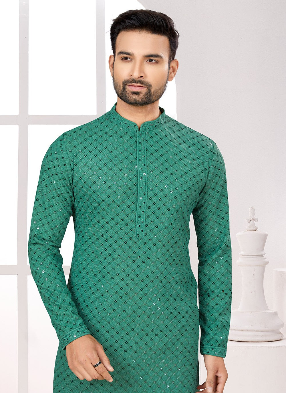 Fancy Work Rayon Green Kurta Pyjama - M6680