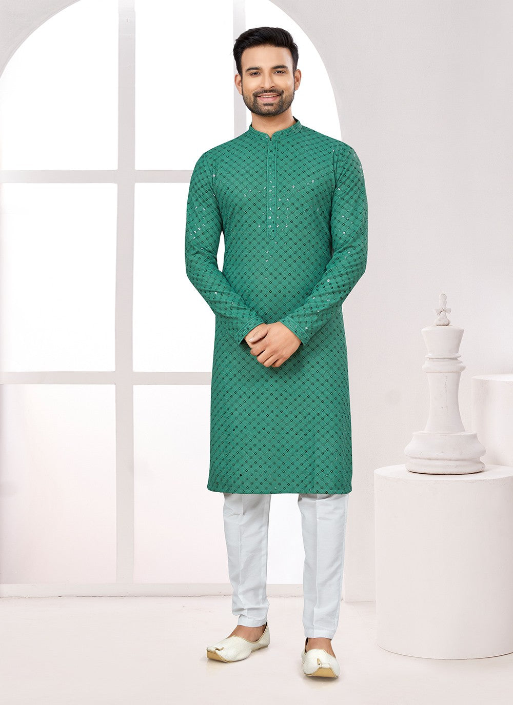 Fancy Work Rayon Green Kurta Pyjama - M6680