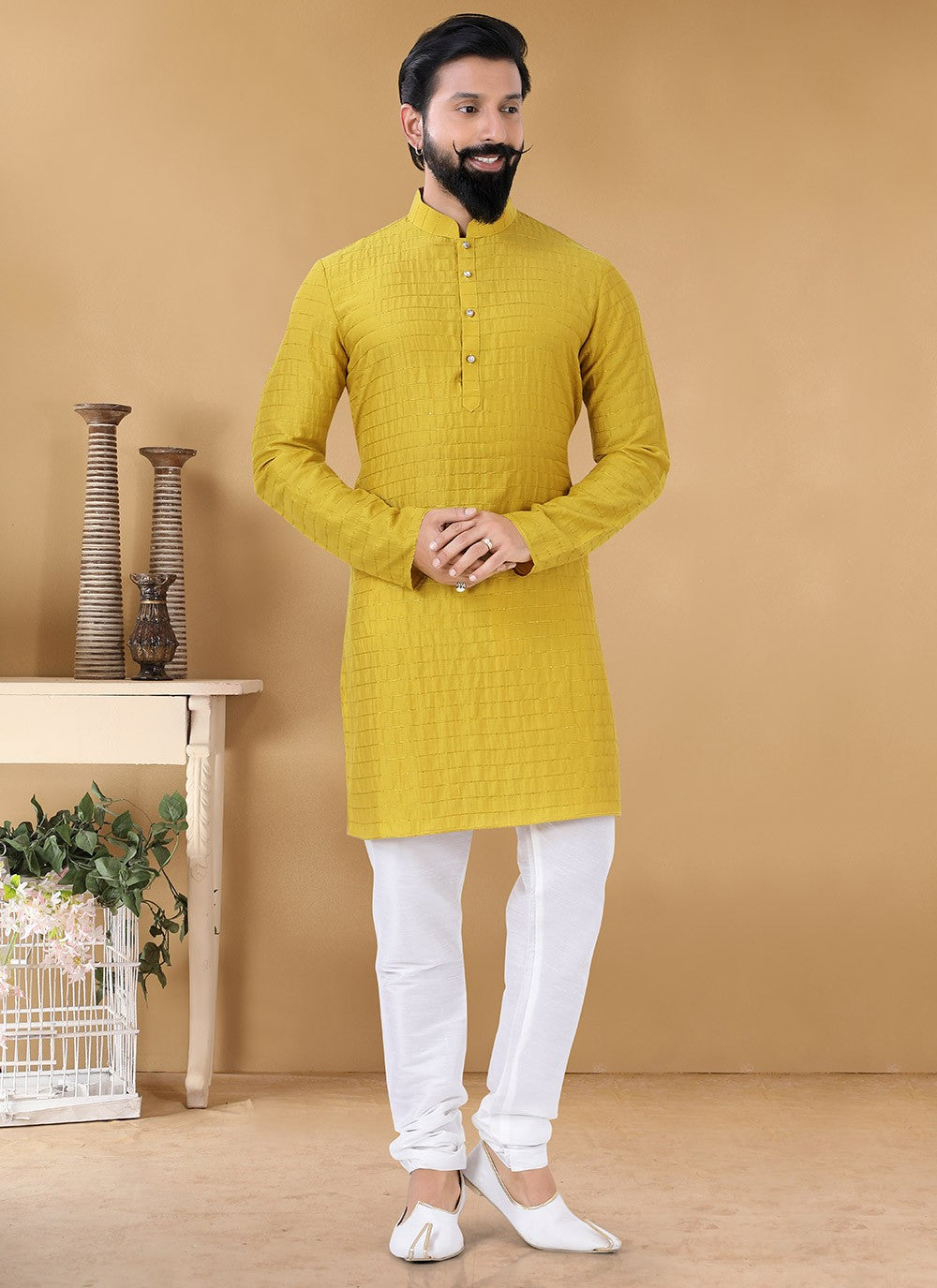 Strips Cotton Yellow Kurta Pyjama - M3167