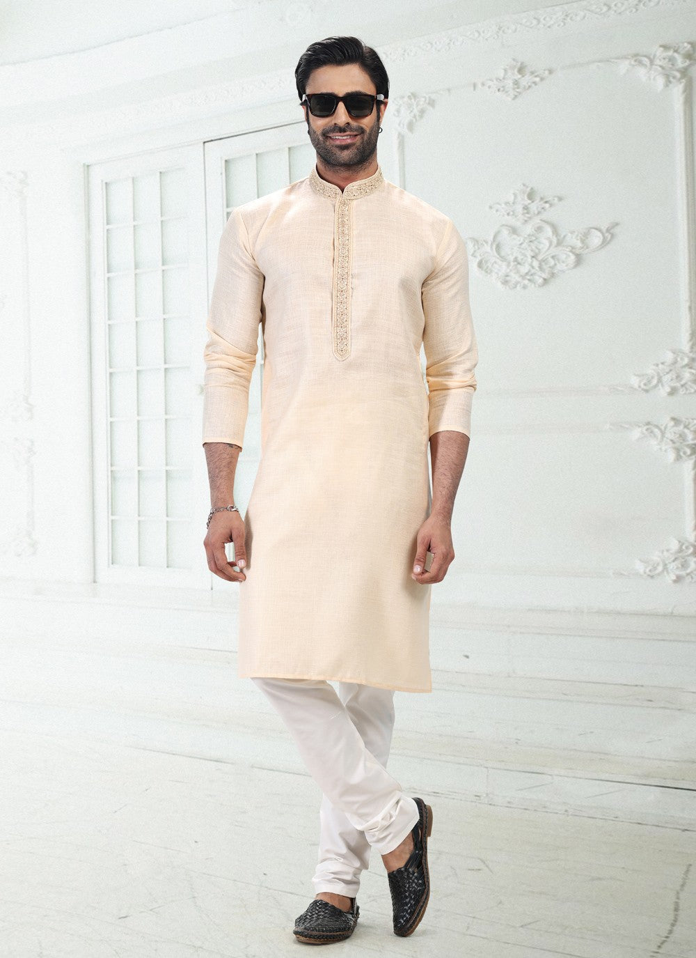 Thread Cotton , Linen Beige Kurta Pyjama - M4888