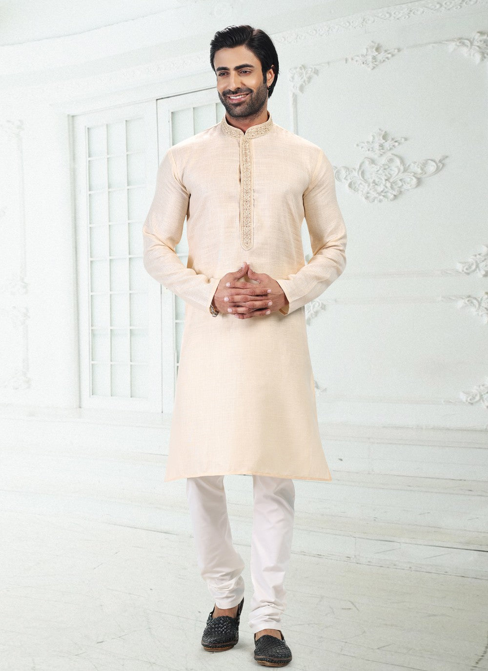 Thread Cotton , Linen Beige Kurta Pyjama - M4888