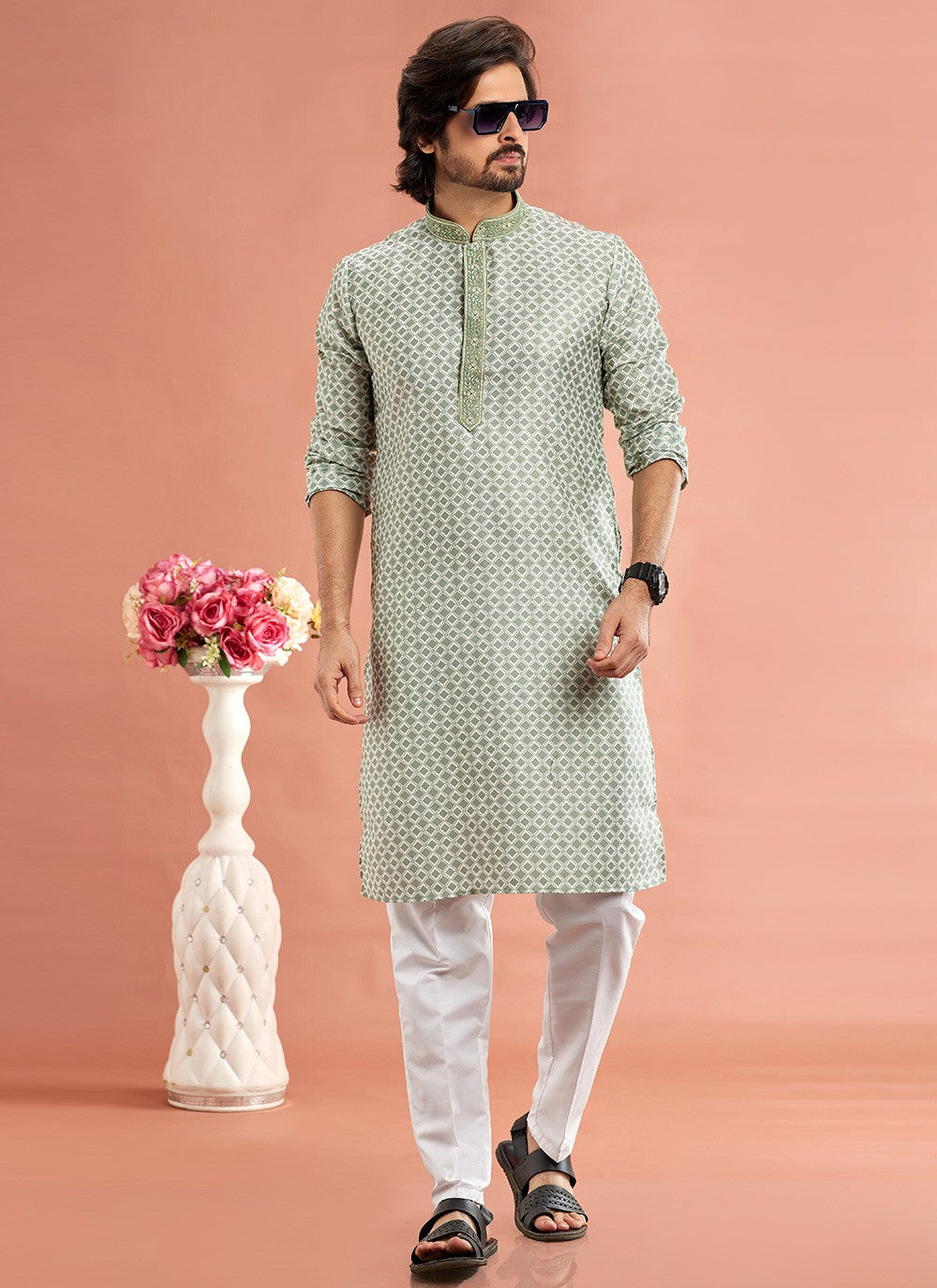 Digital Print Cotton Green Kurta Pyjama - M7080