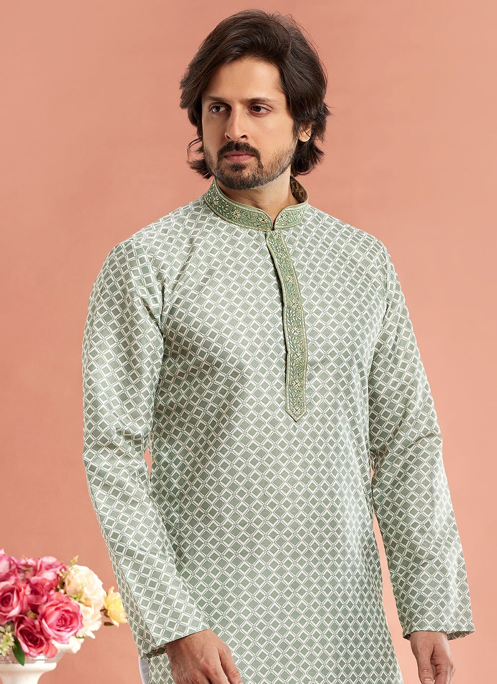 Digital Print Cotton Green Kurta Pyjama - M7080