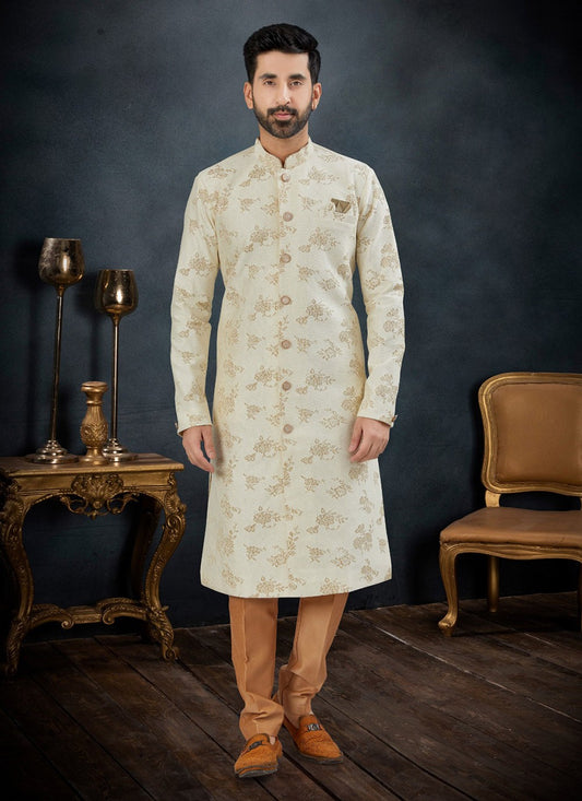 Embroidered Jacquard Cream Kurta Pyjama - M7129