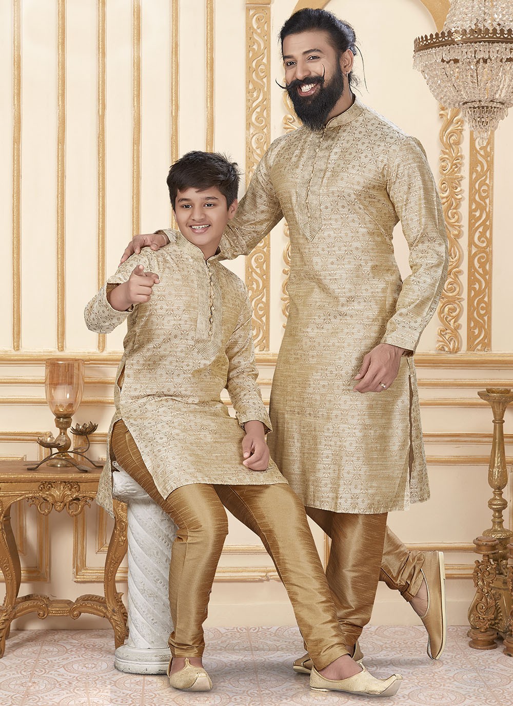 Weaving Zari Jacquard Silk Beige Kurta Pyjama - M1905