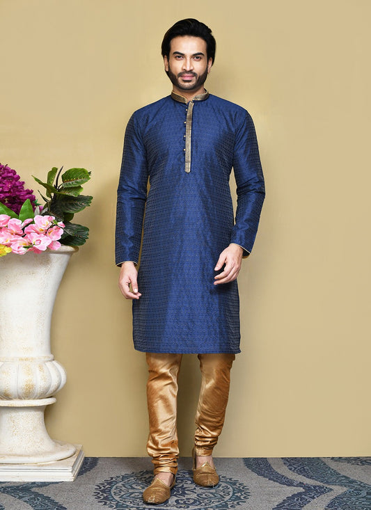 Resham Art Silk Blue Kurta Pyjama - M7861