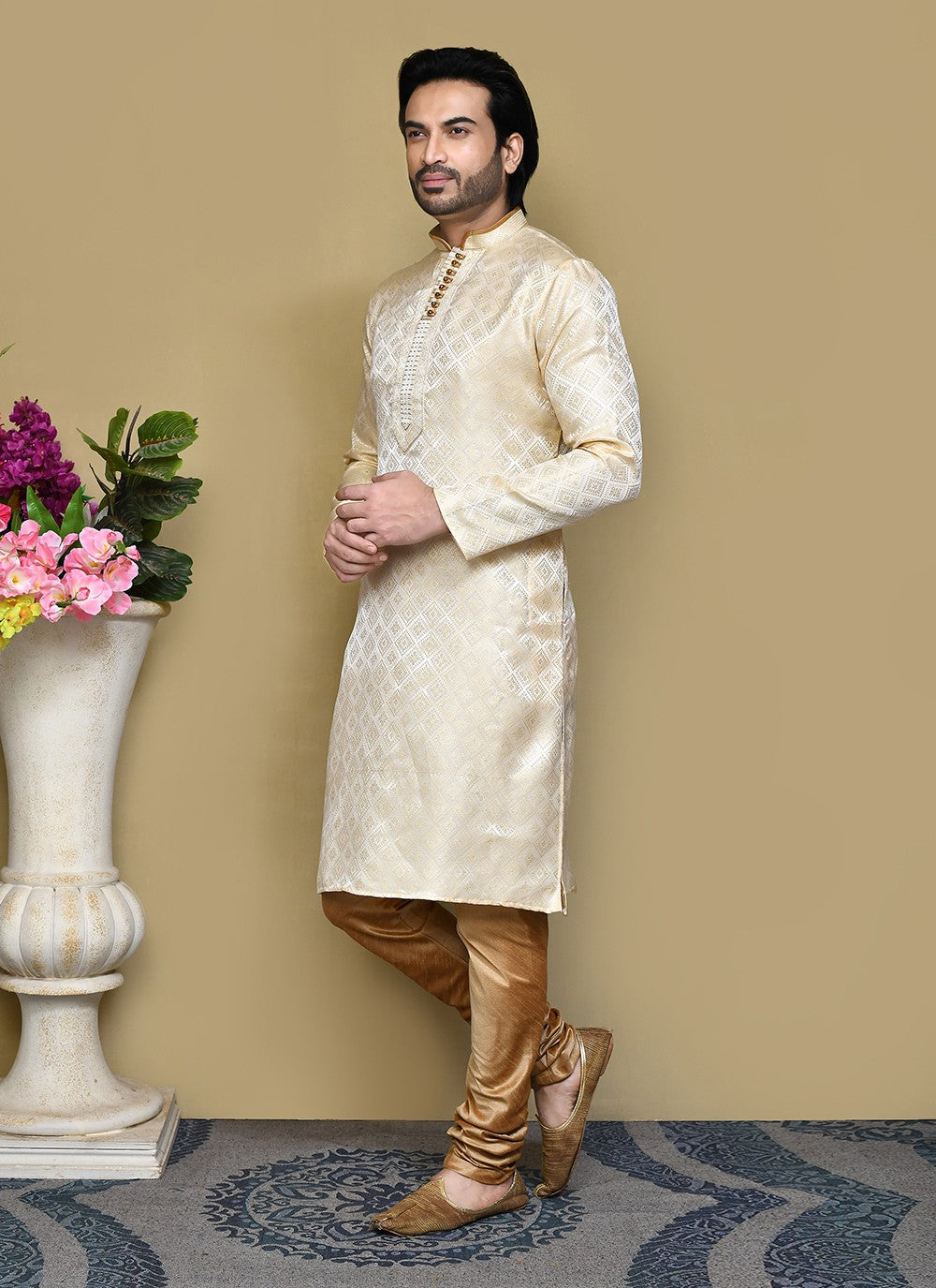 Resham Art Silk Cream Kurta Pyjama - M7838