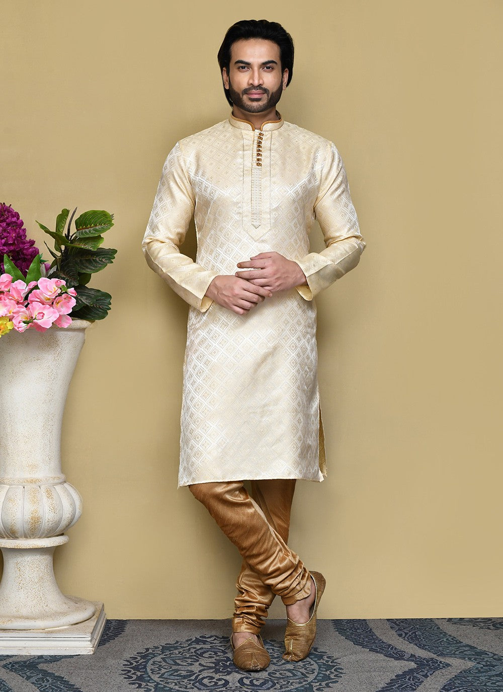 Resham Art Silk Cream Kurta Pyjama - M7838